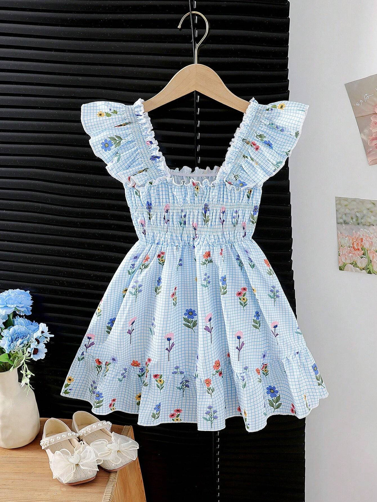Young Girl Checked Print Flutter Sleeve Bodycon Dress, Suitable For Vacation, Birthday Party, Summer