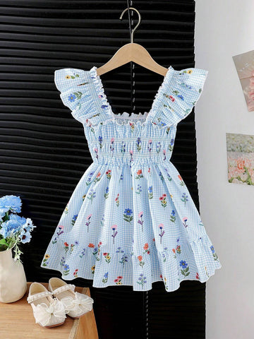 Young Girl Checked Print Flutter Sleeve Bodycon Dress, Suitable For Vacation, Birthday Party, Summer