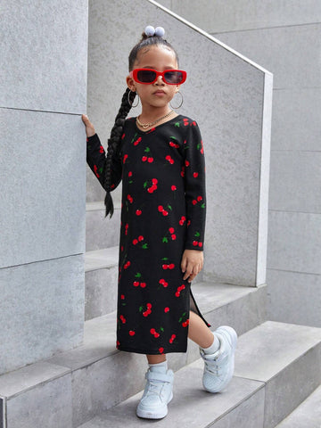 Young Girl Cherry Print V-Neck Slit Hem Fitted Casual Dress