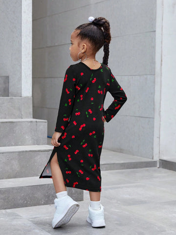 Young Girl Cherry Print V-Neck Slit Hem Fitted Casual Dress