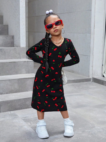 Young Girl Cherry Print V-Neck Slit Hem Fitted Casual Dress