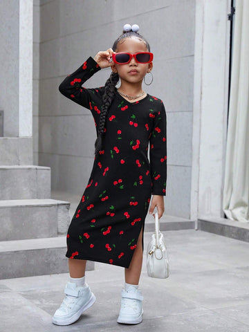 Young Girl Cherry Print V-Neck Slit Hem Fitted Casual Dress
