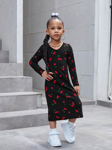 Young Girl Cherry Print V-Neck Slit Hem Fitted Casual Dress