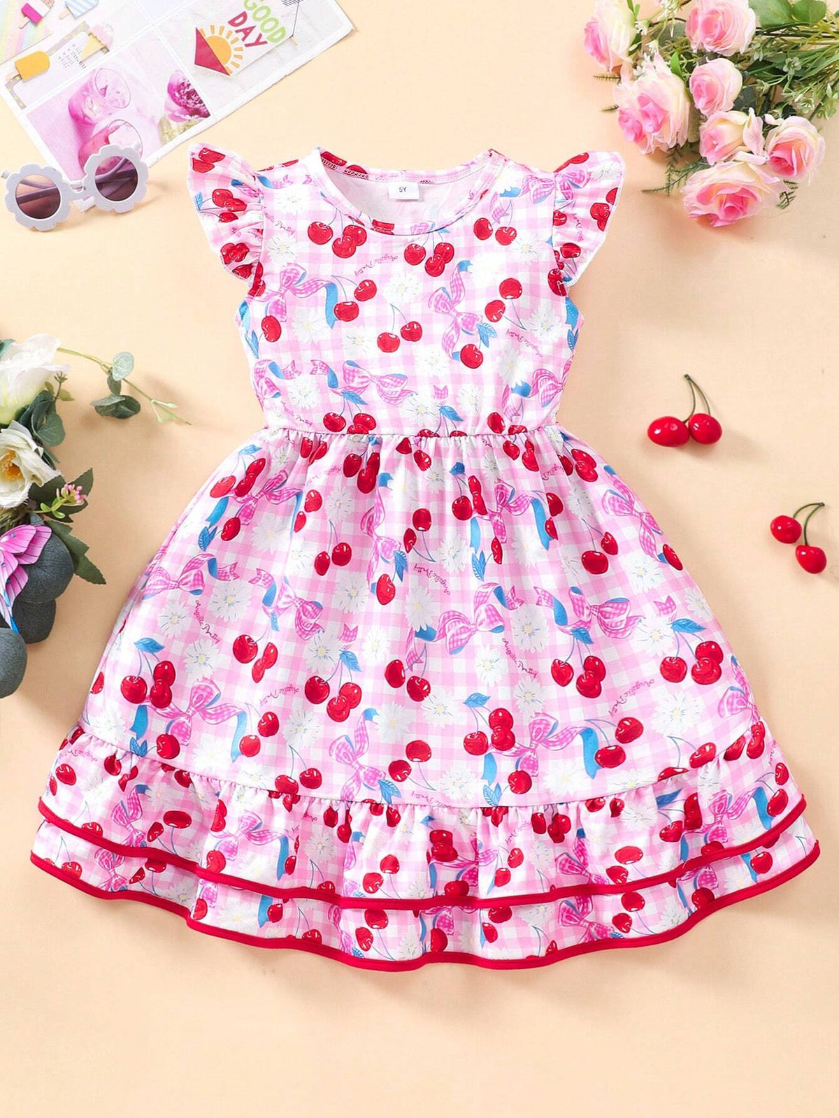 Young Girl Cherry Printed Round Neck Short Cap Sleeve Cute Dress