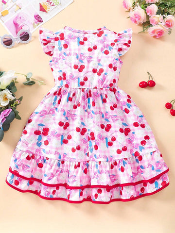 Young Girl Cherry Printed Round Neck Short Cap Sleeve Cute Dress