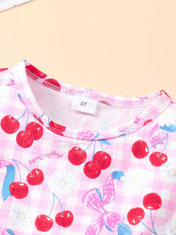 Young Girl Cherry Printed Round Neck Short Cap Sleeve Cute Dress