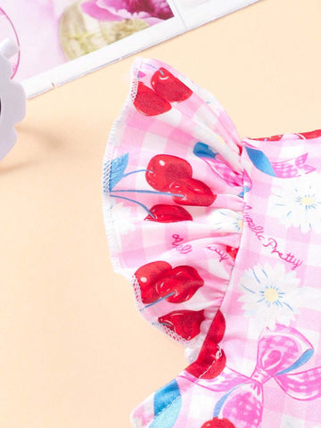 Young Girl Cherry Printed Round Neck Short Cap Sleeve Cute Dress