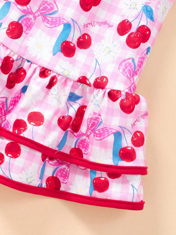 Young Girl Cherry Printed Round Neck Short Cap Sleeve Cute Dress