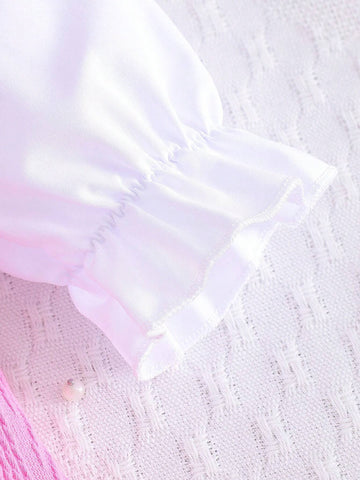 Young Girl Chic Long Sleeve Peter Pan Collar Ruffled Hem Princess Dress + Matching Beret, Spring/Autumn
