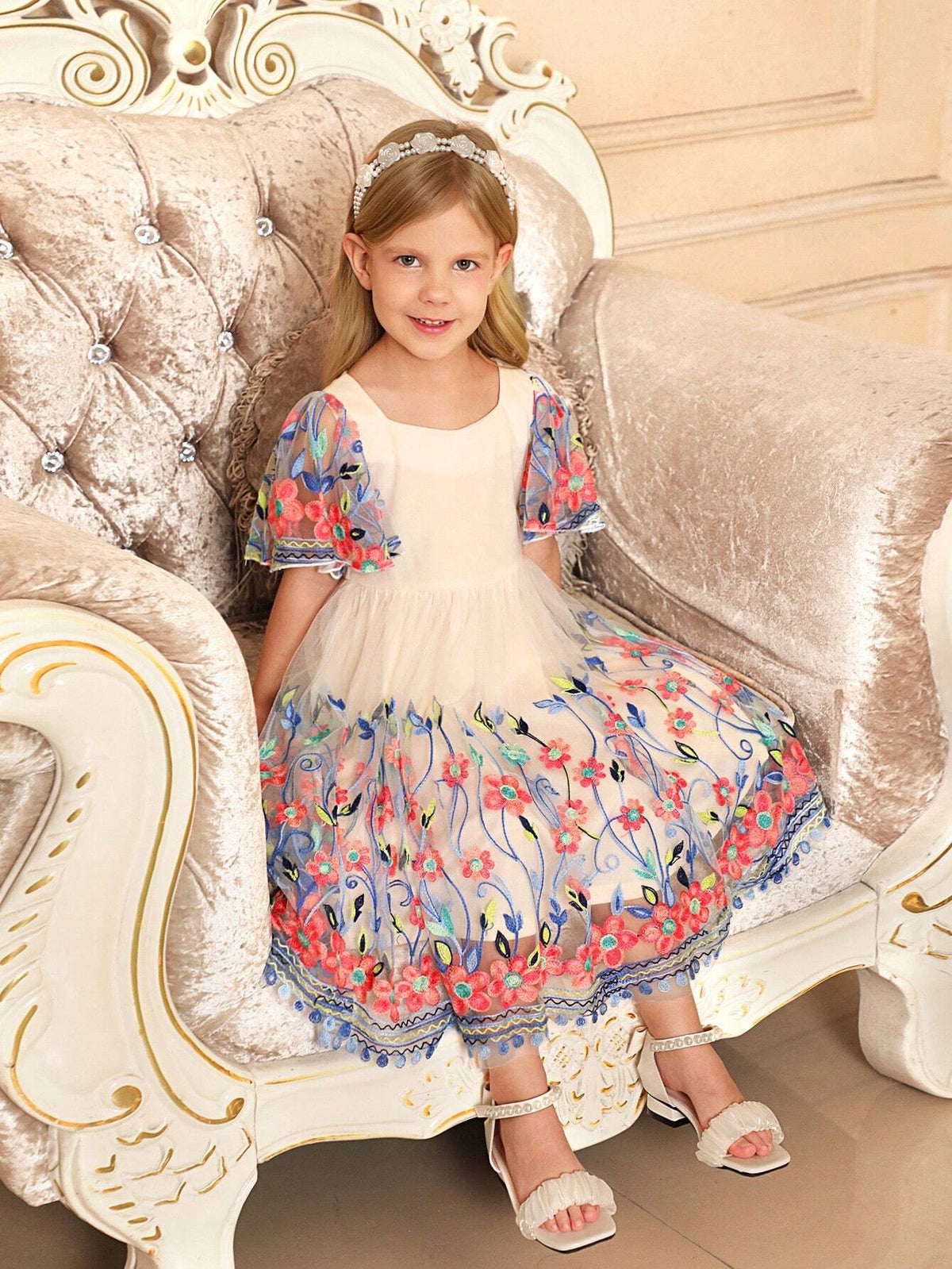 Young Girl Chickenheart Neck Ruffle Trim Sleeve Embroidered Mesh Elegant Dress