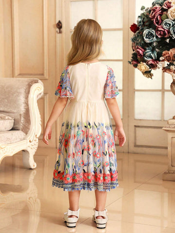 Young Girl Chickenheart Neck Ruffle Trim Sleeve Embroidered Mesh Elegant Dress