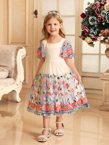 Young Girl Chickenheart Neck Ruffle Trim Sleeve Embroidered Mesh Elegant Dress