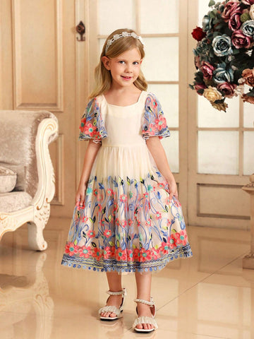 Young Girl Chickenheart Neck Ruffle Trim Sleeve Embroidered Mesh Elegant Dress