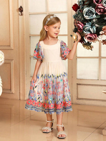 Young Girl Chickenheart Neck Ruffle Trim Sleeve Embroidered Mesh Elegant Dress