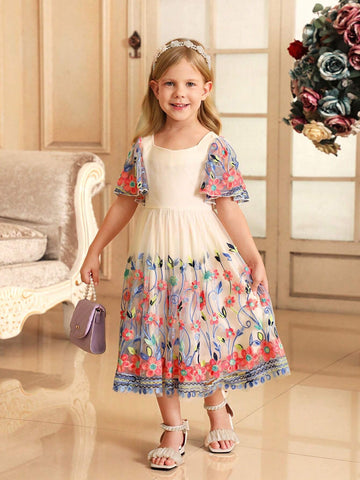 Young Girl Chickenheart Neck Ruffle Trim Sleeve Embroidered Mesh Elegant Dress