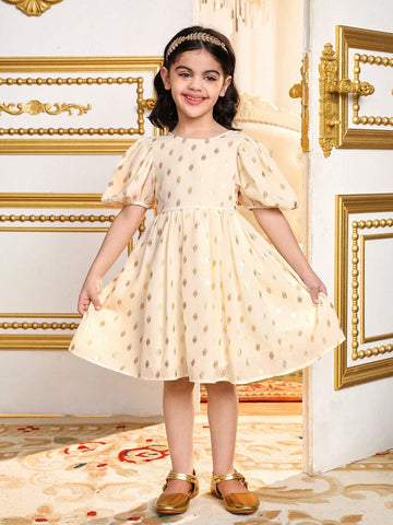 Young Girl Chiffon Ditsy Floral Puff Sleeve Dress With 3D Bowknot