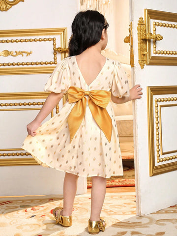 Young Girl Chiffon Ditsy Floral Puff Sleeve Dress With 3D Bowknot