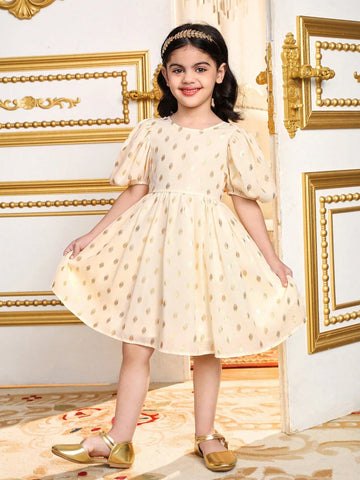 Young Girl Chiffon Ditsy Floral Puff Sleeve Dress With 3D Bowknot