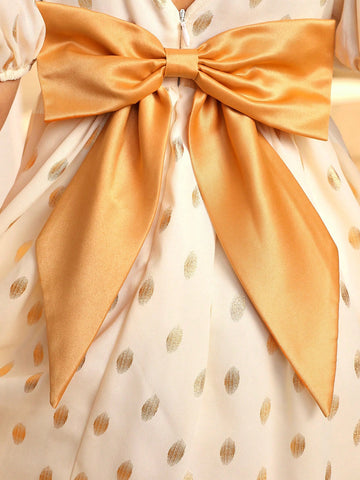 Young Girl Chiffon Ditsy Floral Puff Sleeve Dress With 3D Bowknot