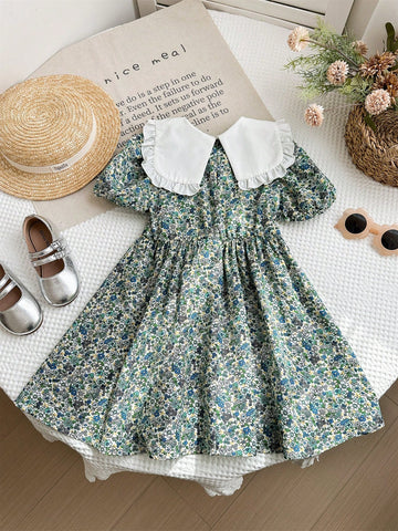 Young Girl Chiffon Ditsy Floral Ruffle Hem Casual Dress