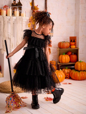 Young Girl Chiffon Flocked Crew Neck Ruffle Hem Black Dress