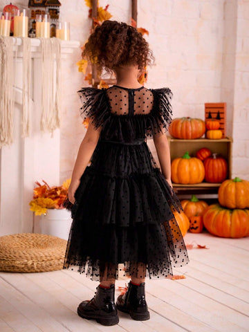 Young Girl Chiffon Flocked Crew Neck Ruffle Hem Black Dress