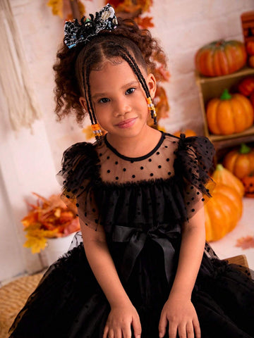 Young Girl Chiffon Flocked Crew Neck Ruffle Hem Black Dress