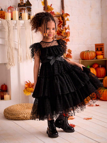 Young Girl Chiffon Flocked Crew Neck Ruffle Hem Black Dress