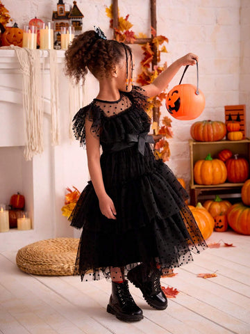 Young Girl Chiffon Flocked Crew Neck Ruffle Hem Black Dress
