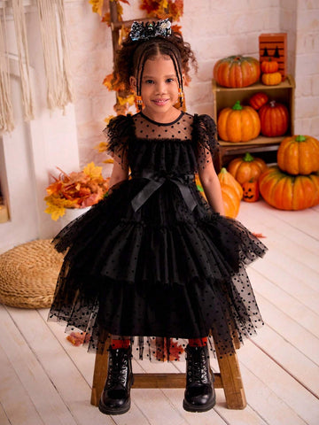 Young Girl Chiffon Flocked Crew Neck Ruffle Hem Black Dress