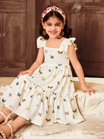 Young Girl Chiffon Floral Butterfly Print Ruffle Trim Square Neck Fitted Casual Vacation Dress