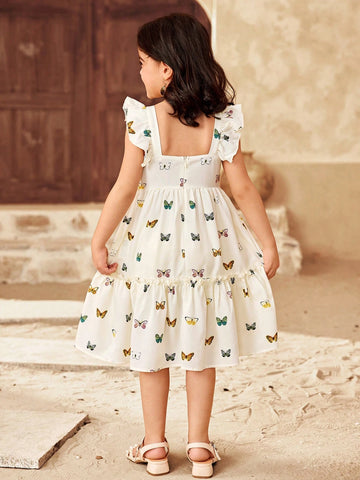 Young Girl Chiffon Floral Butterfly Print Ruffle Trim Square Neck Fitted Casual Vacation Dress