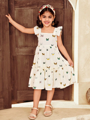 Young Girl Chiffon Floral Butterfly Print Ruffle Trim Square Neck Fitted Casual Vacation Dress