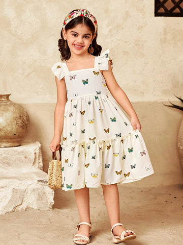 Young Girl Chiffon Floral Butterfly Print Ruffle Trim Square Neck Fitted Casual Vacation Dress
