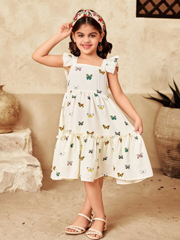Young Girl Chiffon Floral Butterfly Print Ruffle Trim Square Neck Fitted Casual Vacation Dress