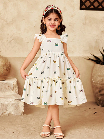 Young Girl Chiffon Floral Butterfly Print Ruffle Trim Square Neck Fitted Casual Vacation Dress