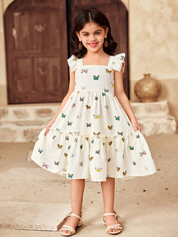 Young Girl Chiffon Floral Butterfly Print Ruffle Trim Square Neck Fitted Casual Vacation Dress