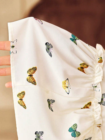 Young Girl Chiffon Floral Butterfly Print Ruffle Trim Square Neck Fitted Casual Vacation Dress