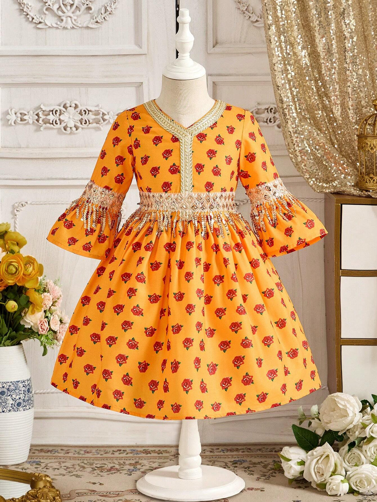 Young Girl Chiffon Floral Tassel Trim V-Neck Fitted Dress