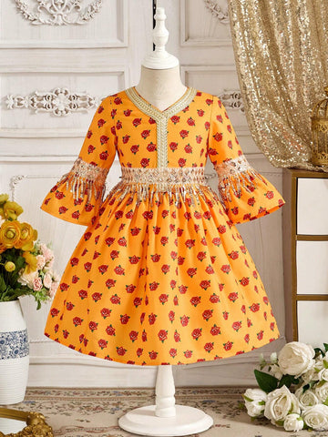 Young Girl Chiffon Floral Tassel Trim V-Neck Fitted Dress