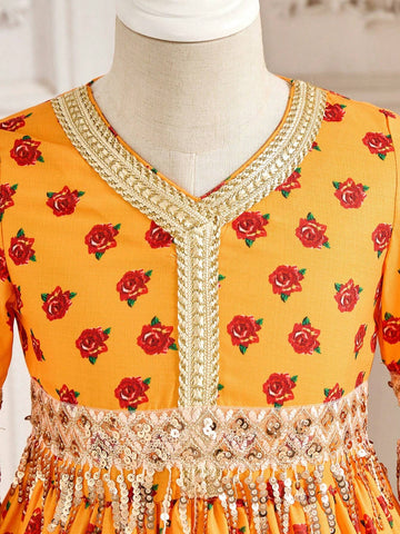 Young Girl Chiffon Floral Tassel Trim V-Neck Fitted Dress