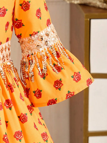 Young Girl Chiffon Floral Tassel Trim V-Neck Fitted Dress