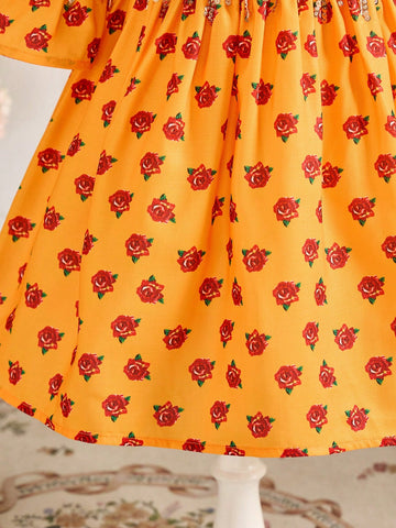 Young Girl Chiffon Floral Tassel Trim V-Neck Fitted Dress