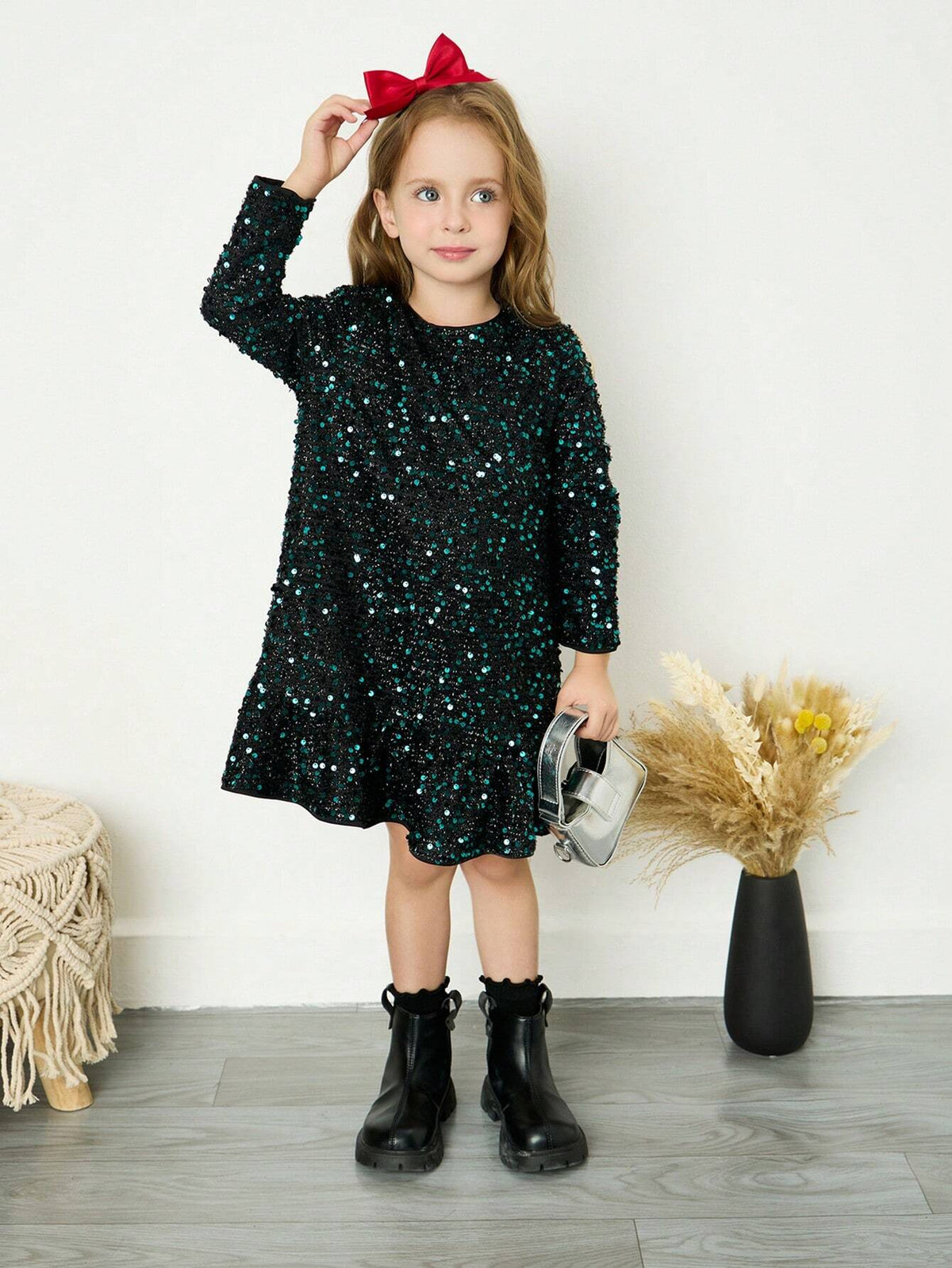 Young Girl Chiffon Sequin Decor Round Neck Loose Casual Dress