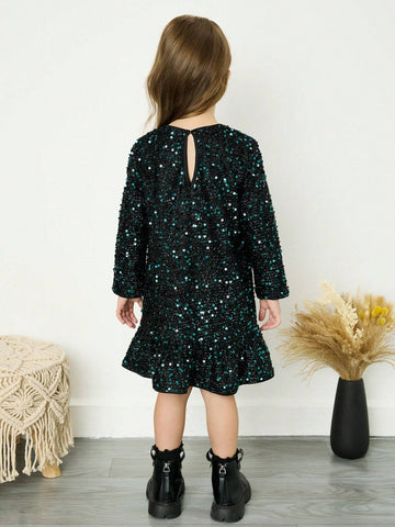Young Girl Chiffon Sequin Decor Round Neck Loose Casual Dress