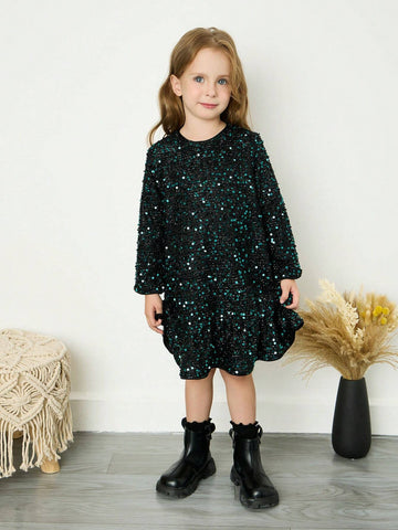 Young Girl Chiffon Sequin Decor Round Neck Loose Casual Dress
