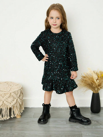 Young Girl Chiffon Sequin Decor Round Neck Loose Casual Dress