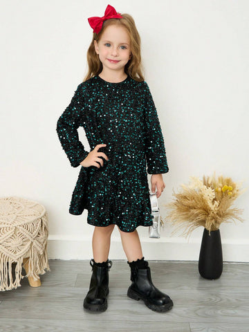 Young Girl Chiffon Sequin Decor Round Neck Loose Casual Dress