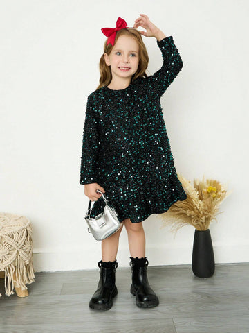 Young Girl Chiffon Sequin Decor Round Neck Loose Casual Dress