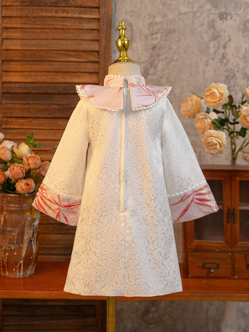Young Girl' Chinese New Year Pink Long Sleeve Retro Cheongsam Dress With Traditional Embroidery